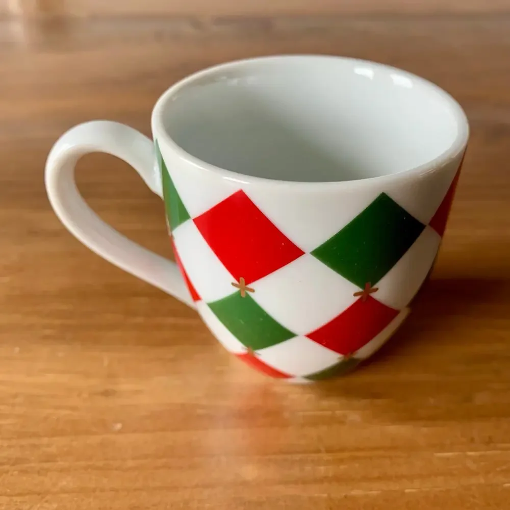 Williams Sonoma Harlequin Cup & Saucer Red Green Gold Demitasse Diamonds 2